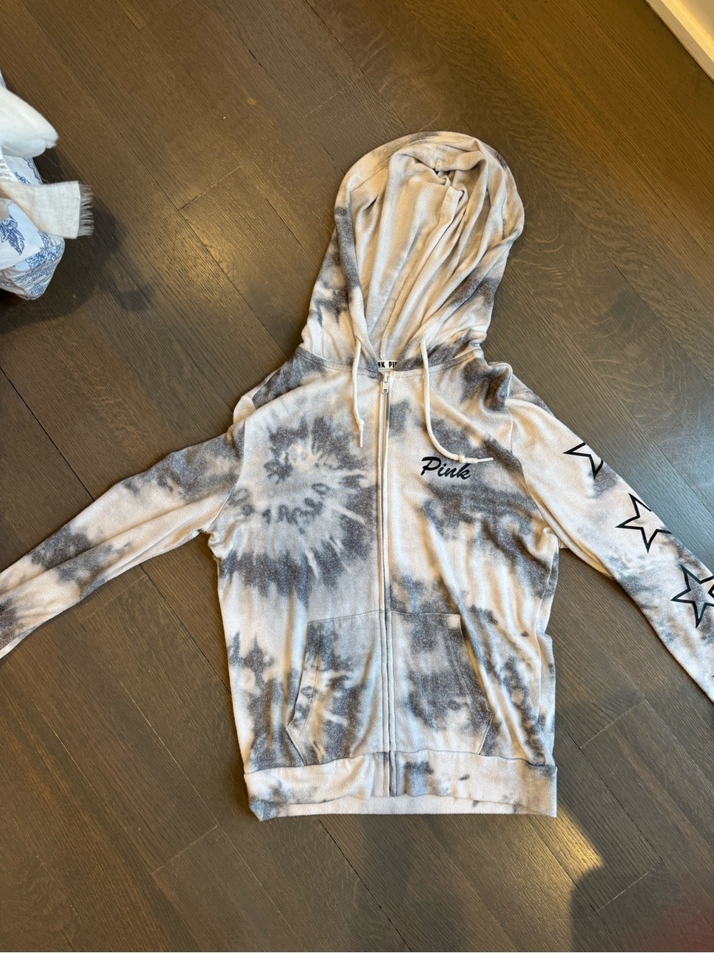 PINK Victoria's Secret Gray & White Tie-Dye Zip Hoodie with Star Sleeves